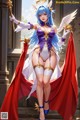 A woman dressed as an angel holding a staff and a sword.