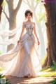 A woman in a wedding dress walking through a forest.