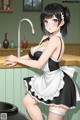 A woman in a maid outfit is standing in a kitchen.